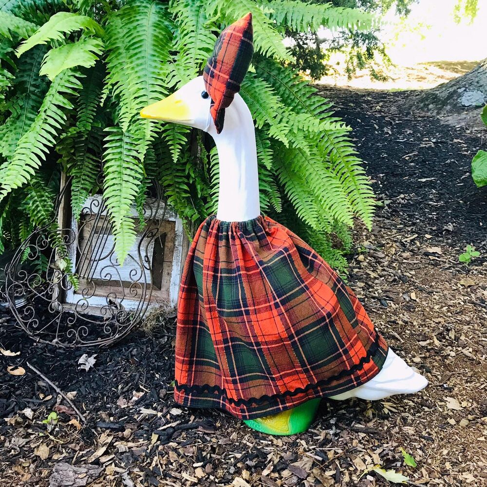 Porch Goose Dress & Bow Outfit For 18-23" Goose Handmade Fall Orange Black Plaid - Picture 7 of 13